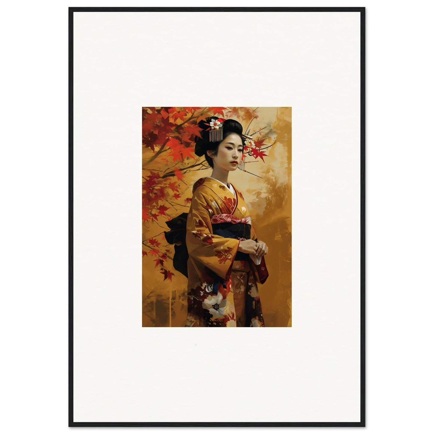 Framed artwork of a geisha in a golden kimono under autumn leaves - Kabuki Autumn Whispers