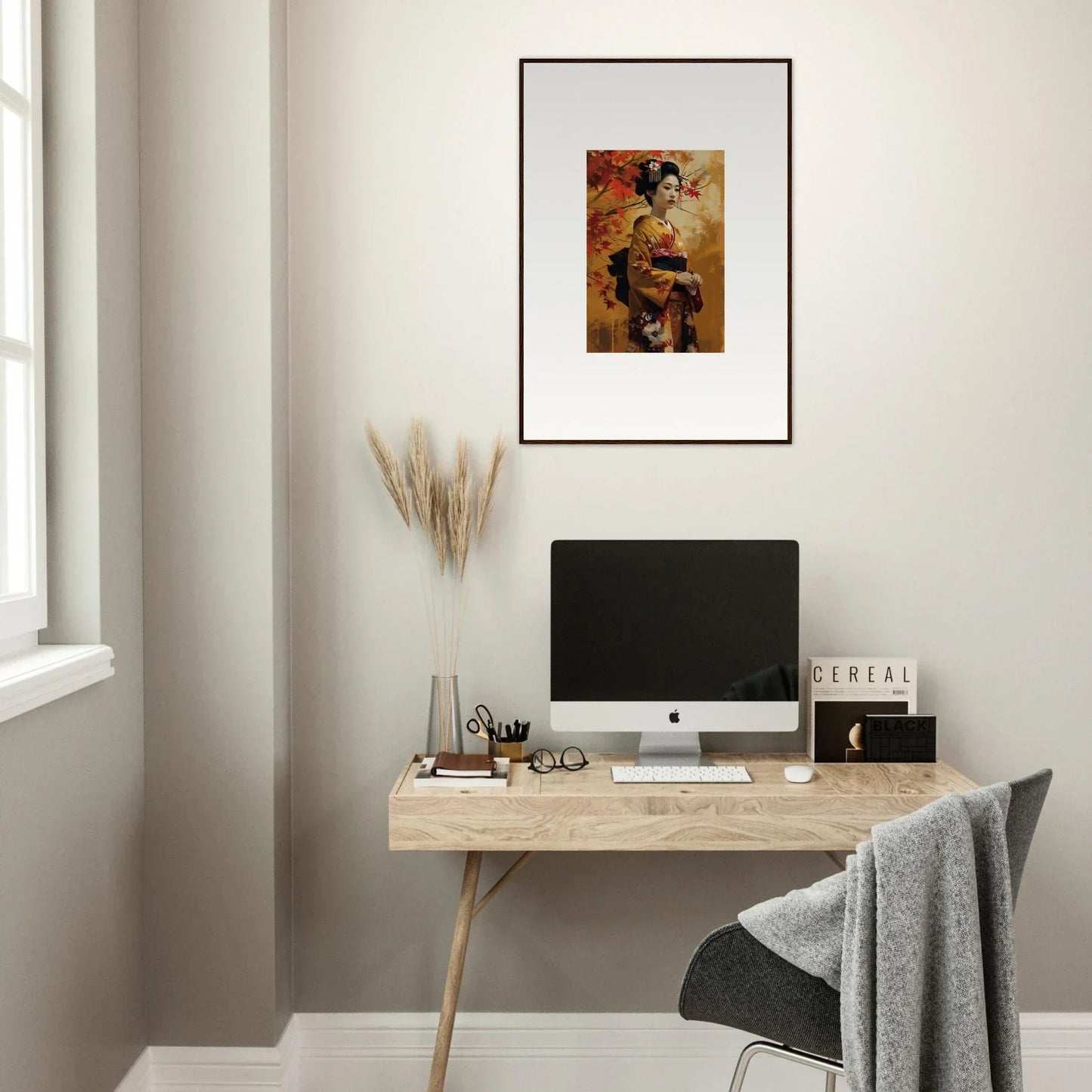 Minimalist wooden desk with iMac and Kabuki Autumn Whispers artwork above