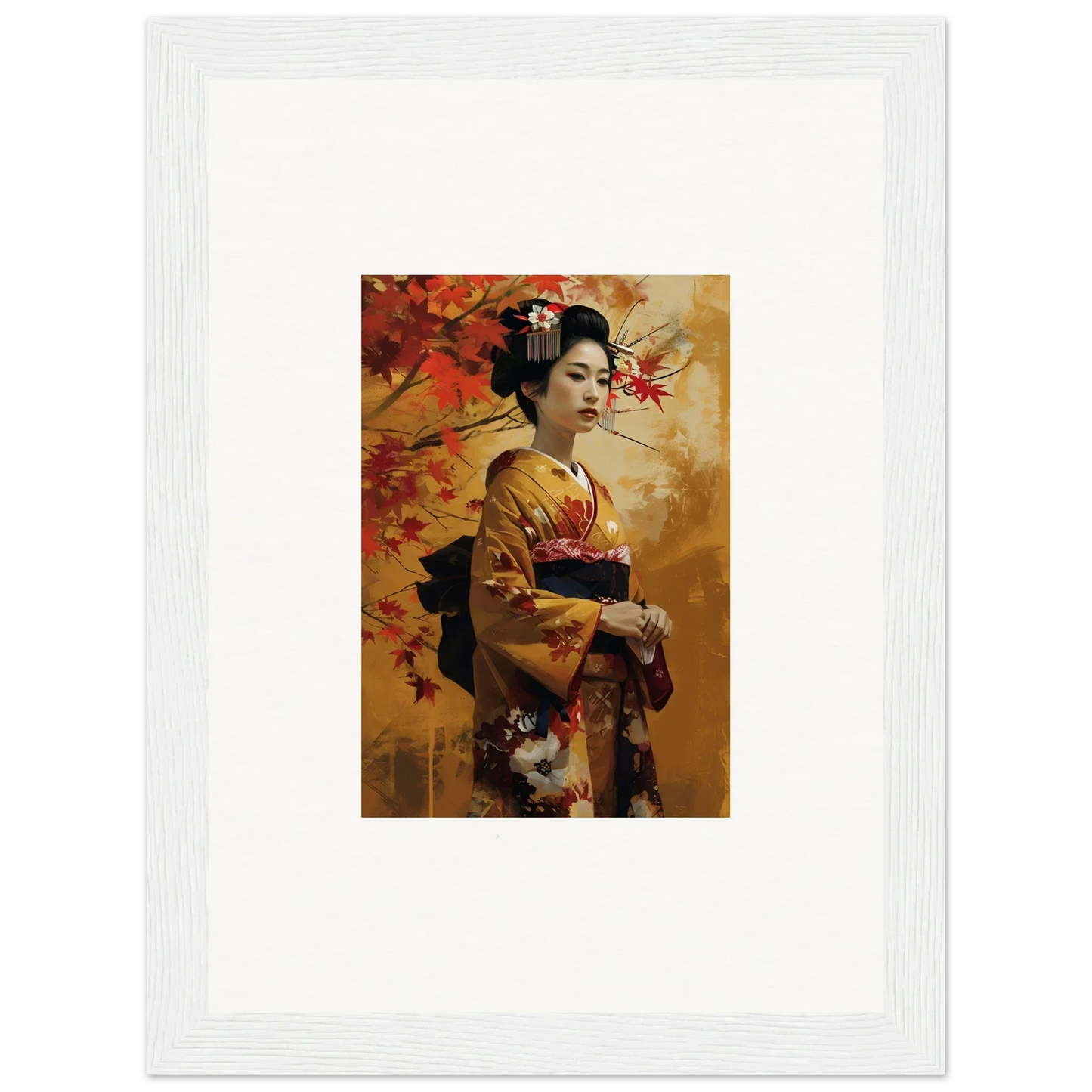 Framed Kabuki Autumn Whispers artwork of a geisha in a golden kimono with maple leaves