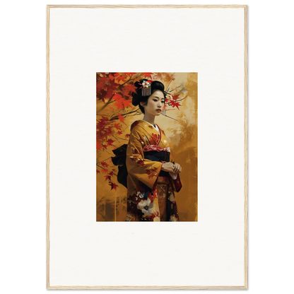 Framed artwork of a geisha in a golden kimono, Kabuki Autumn Whispers special edition art™