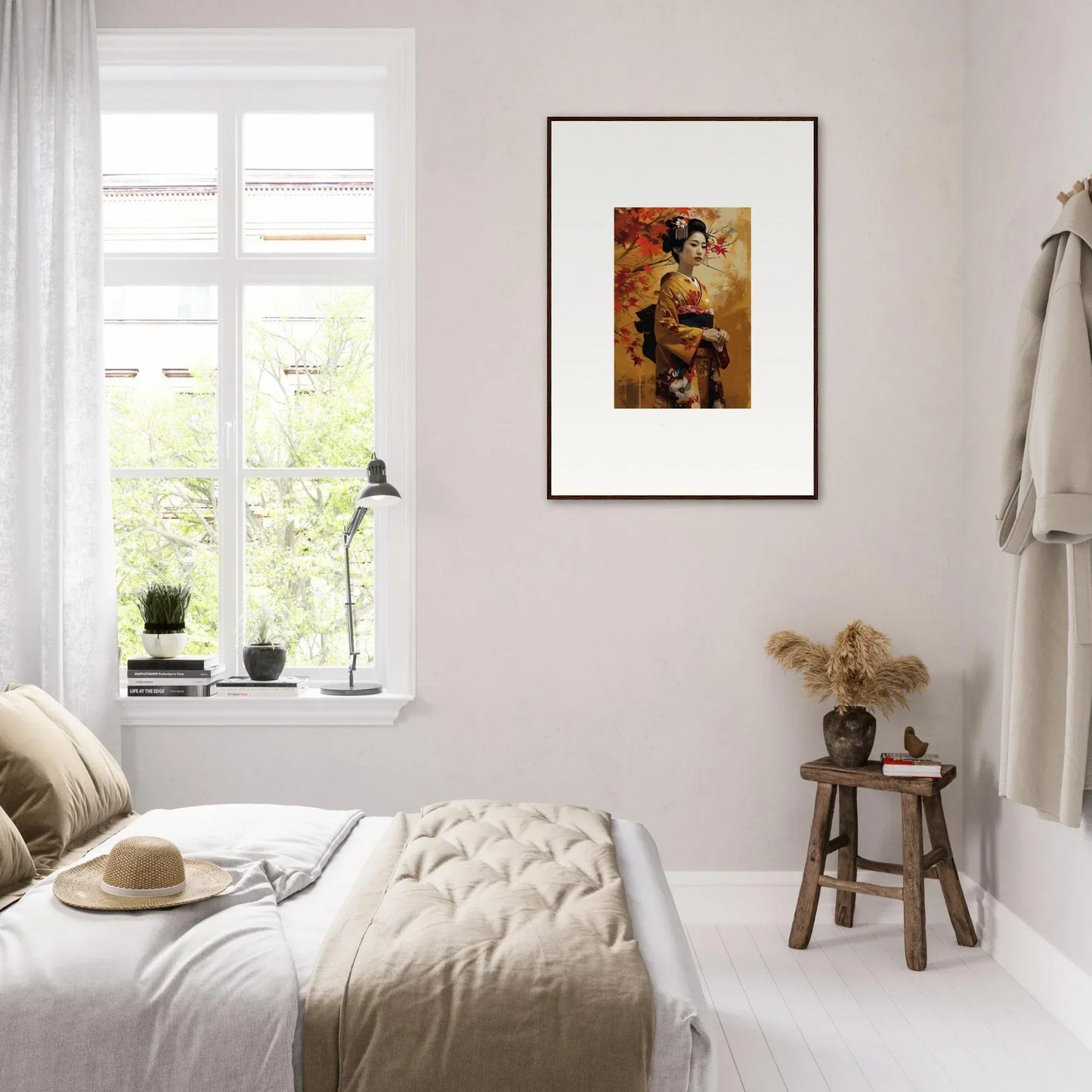 Minimalist bedroom featuring Kabuki Autumn Whispers art on a soft pale wall