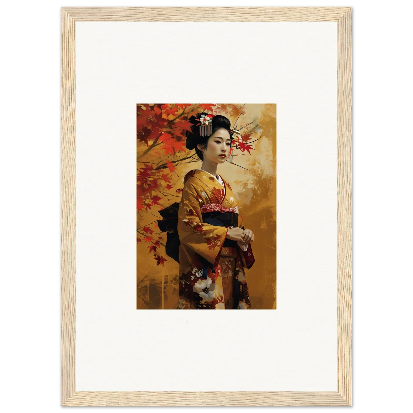 Framed Kabuki Autumn Whispers art of a geisha in a golden kimono with maple leaves