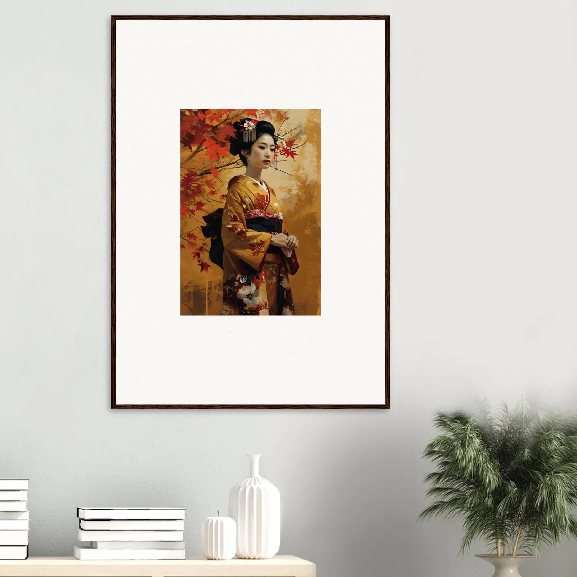 Framed Kabuki Autumn Whispers art featuring a geisha in a vibrant fall setting