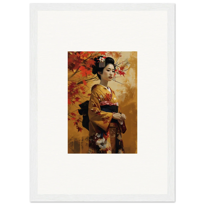 Framed art of a geisha in a golden kimono under autumn leaves from Kabuki Autumn Whispers