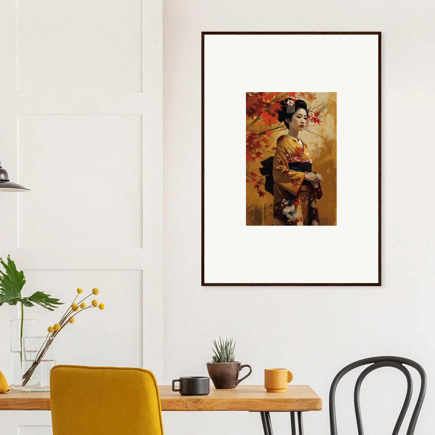 Framed Kabuki Autumn Whispers art featuring a geisha in vibrant orange tones