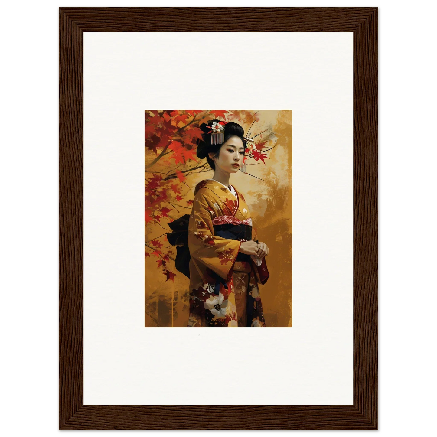 Framed Kabuki Autumn Whispers art featuring a geisha in a golden kimono