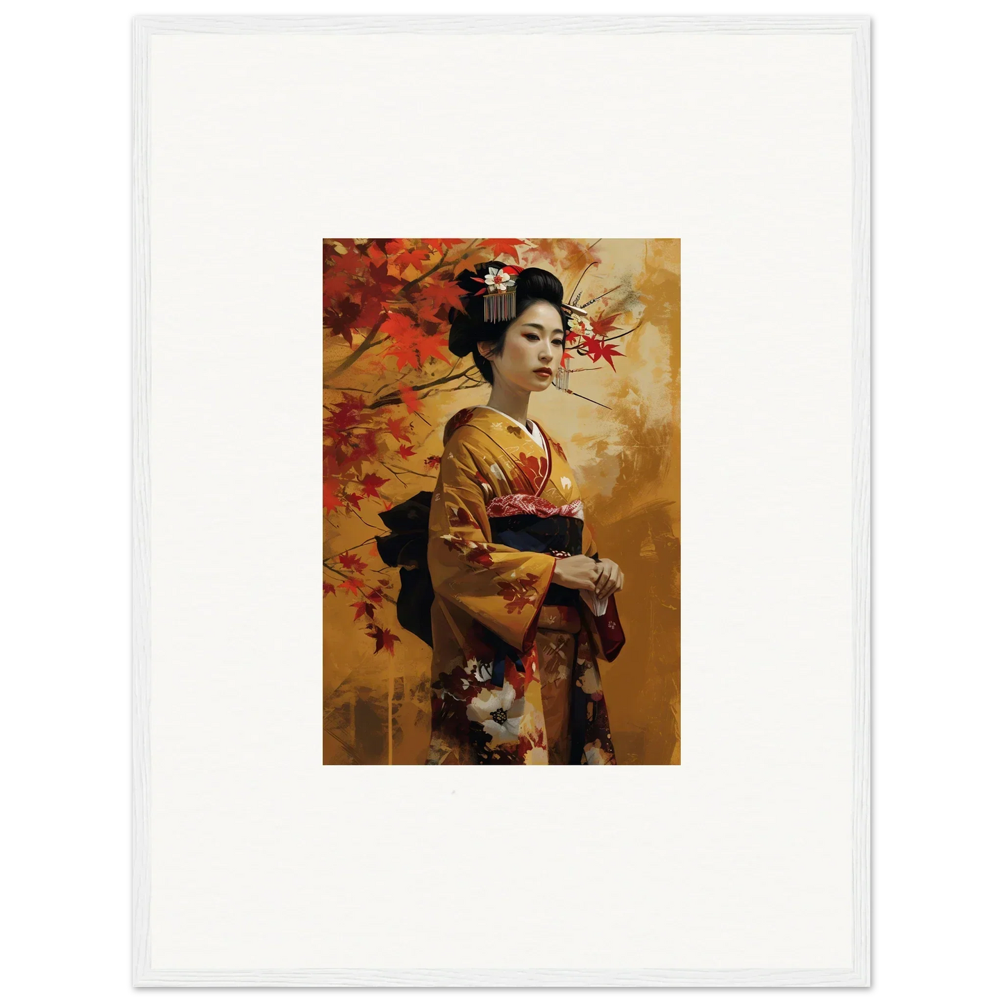 Geisha in golden kimono with autumn leaves for Kabuki Autumn Whispers art™