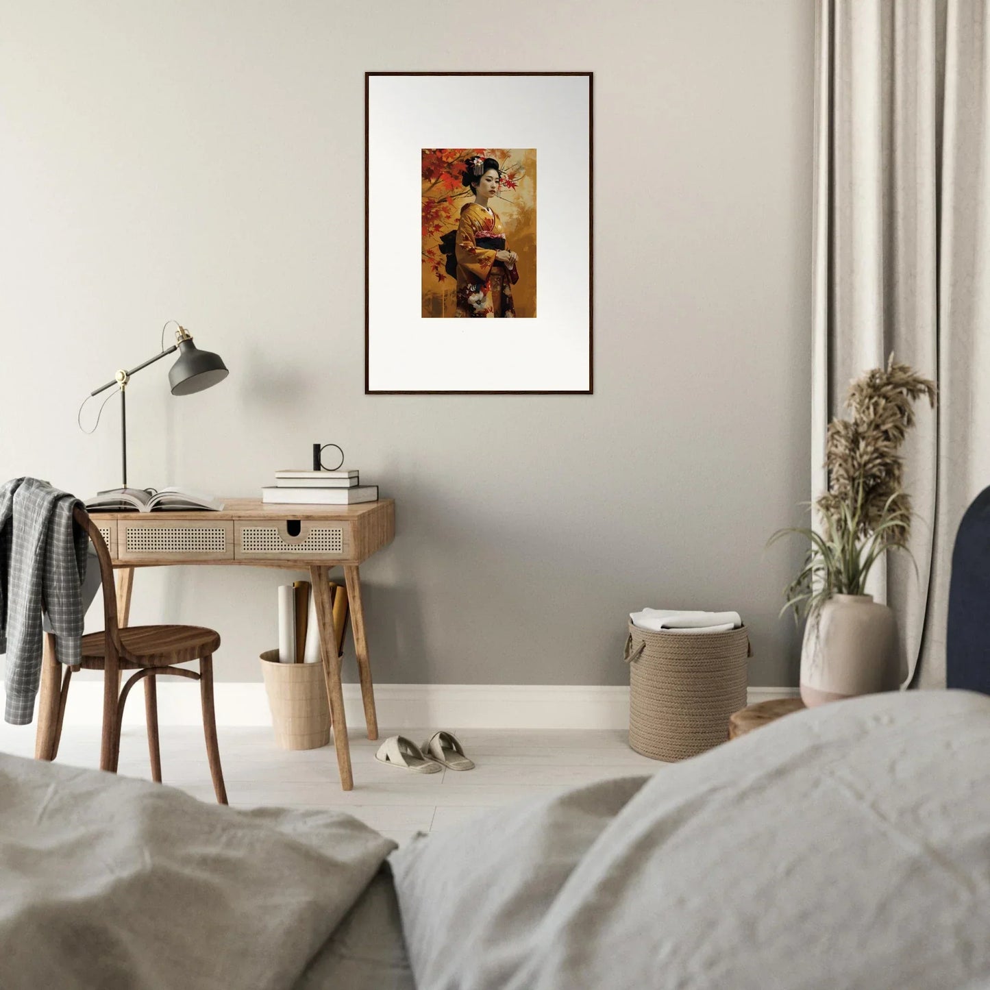 Framed Kabuki Autumn Whispers art in warm orange and brown tones on a wall