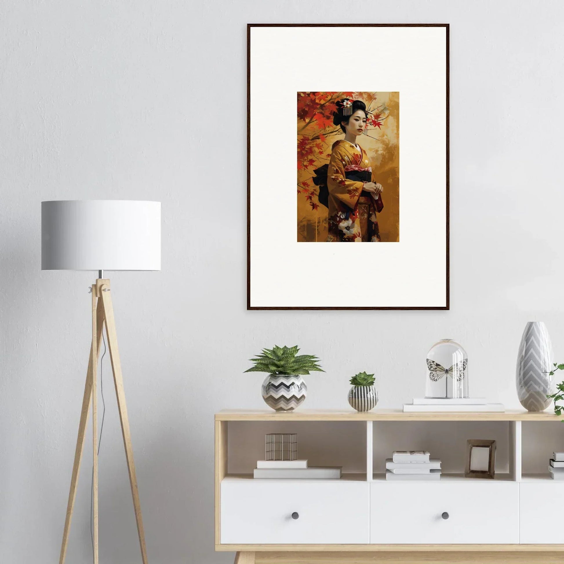 Framed artwork of a geisha in traditional attire for Kabuki Autumn Whispers