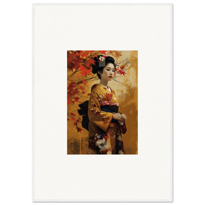 Geisha in golden kimono under autumn leaves for Kabuki Autumn Whispers special edition art