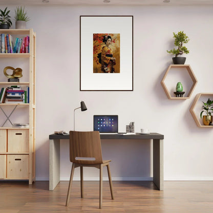 Modern home office with a dark desk, wooden chair, and Kabuki Autumn Whispers vibe