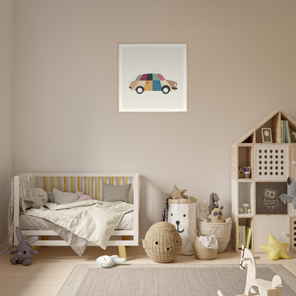 Cozy nursery featuring a wooden crib with Kaleidoscope Car Jazz artwork and woven baskets