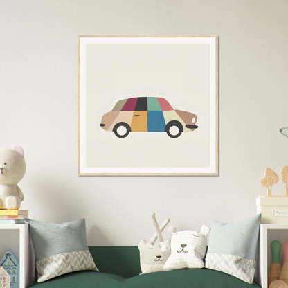 Minimalist art print of a colorful patchwork car in retro style, Kaleidoscope Car Jazz