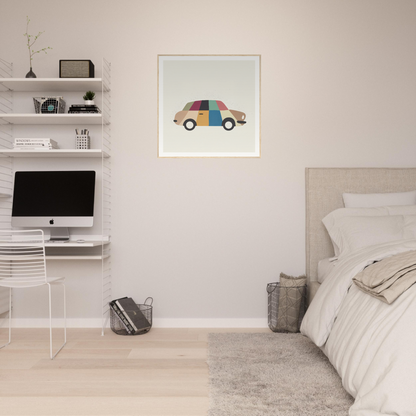 Colorful patchwork car artwork framed on a wall, showcasing Kaleidoscope Car Jazz