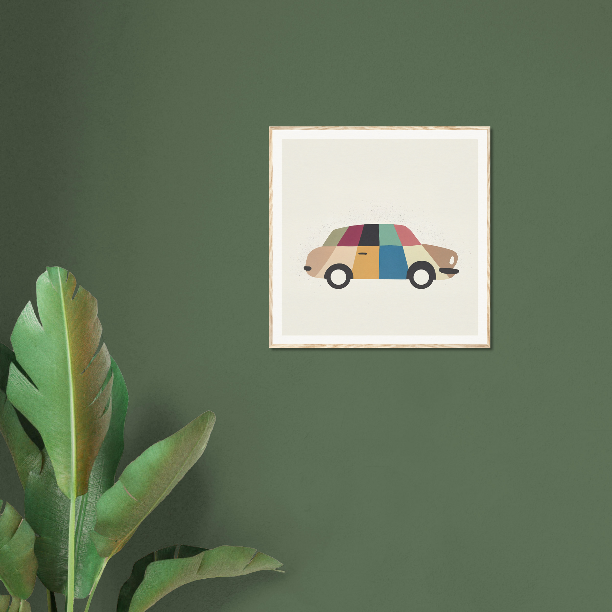 Simple illustration of a vintage kaleidoscope car with colorful geometric panels