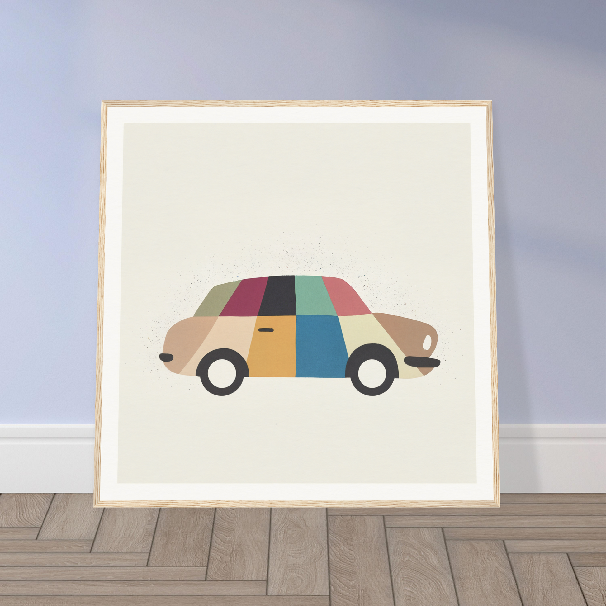 Minimalist art print featuring a vintage car with colorful geometric panels, Kaleidoscope Car Jazz