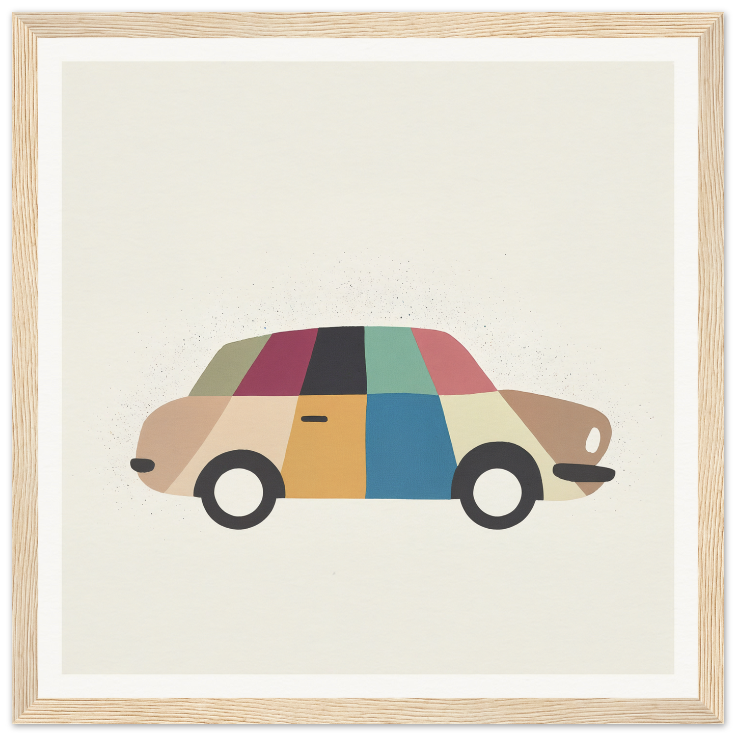 Vintage-style car illustrated in colorful geometric blocks for Kaleidoscope Car Jazz