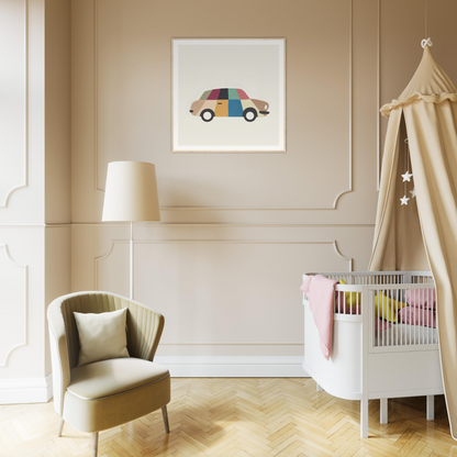 Modern nursery featuring a white crib and beige canopy with Kaleidoscope Car Jazz theme