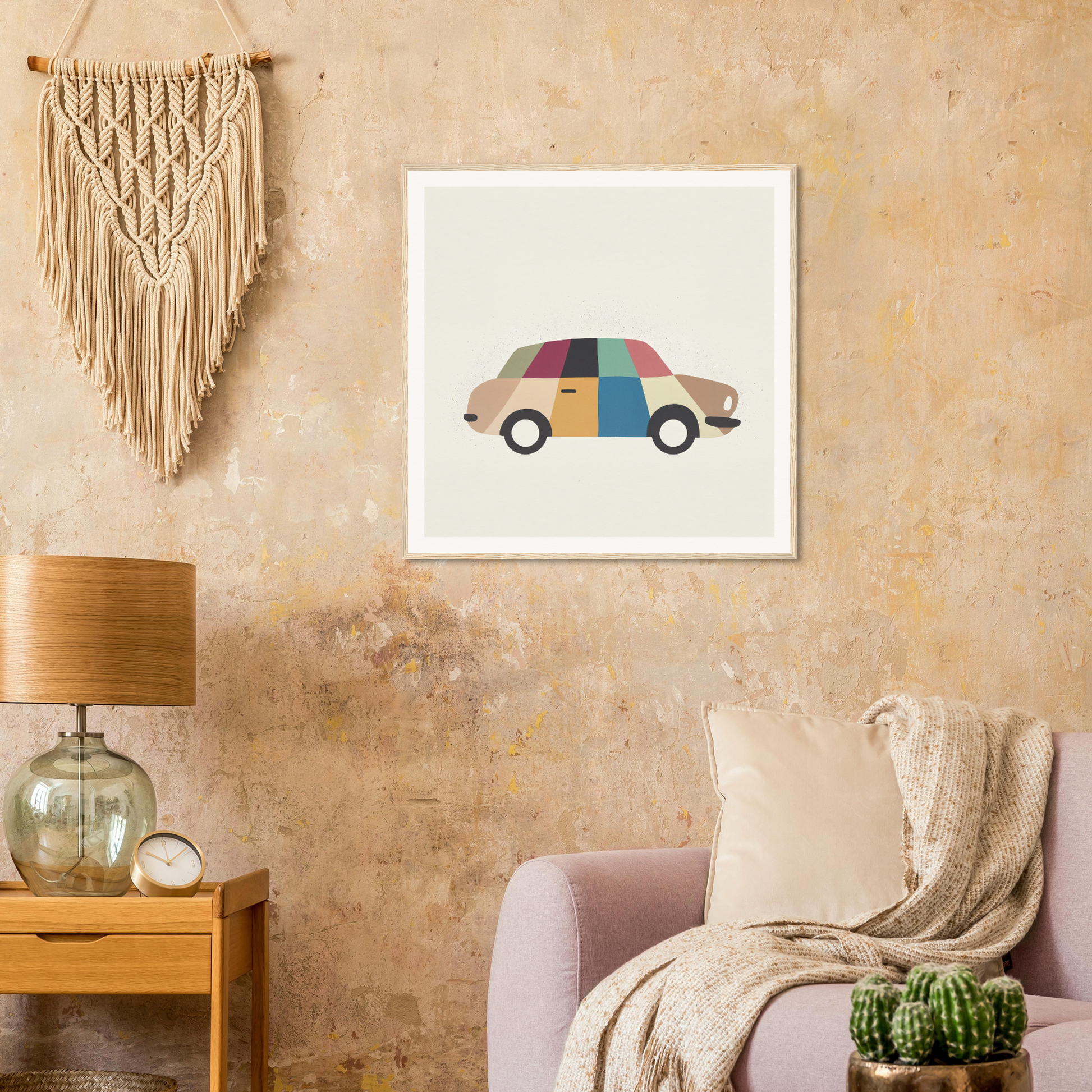 Minimalist wall art of a colorful geometric design titled Kaleidoscope Car Jazz