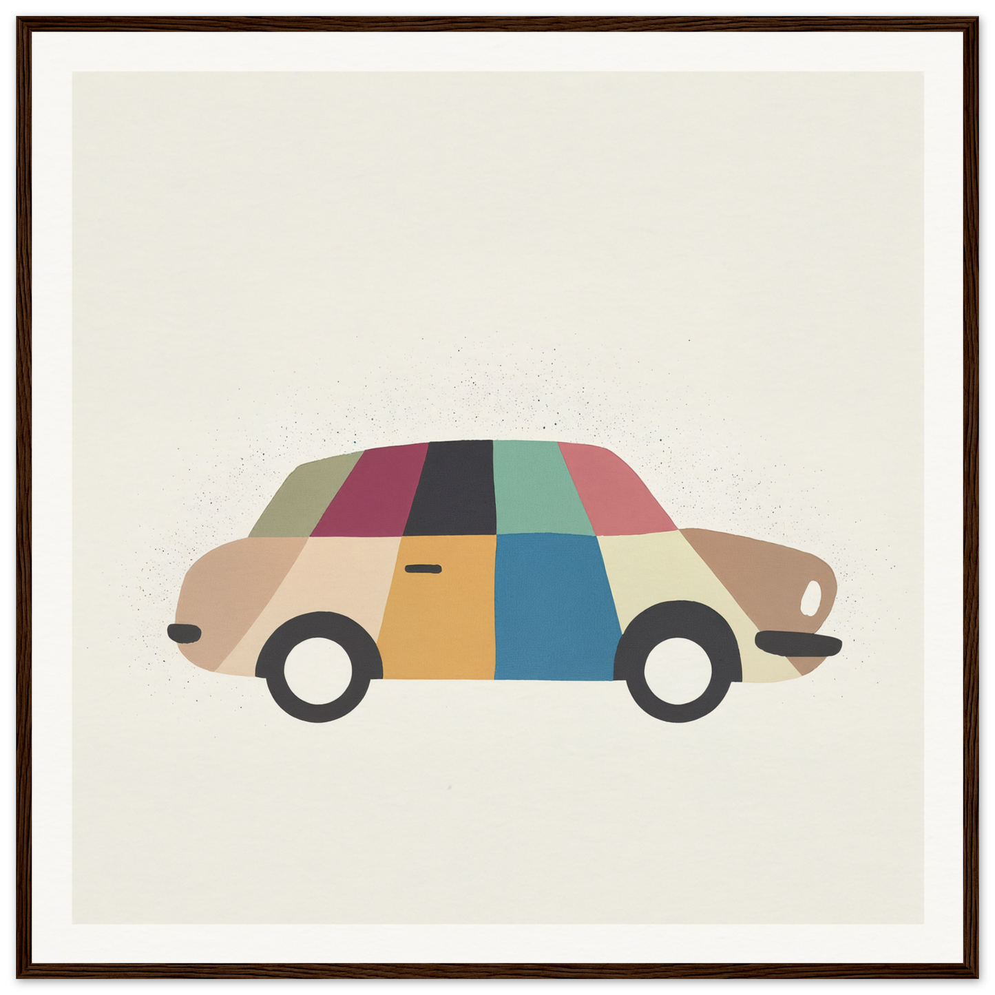 Vintage-style car illustration featuring colorful geometric panels in Kaleidoscope Car Jazz