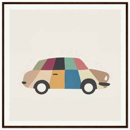 Vintage-style car illustration featuring colorful geometric panels in Kaleidoscope Car Jazz