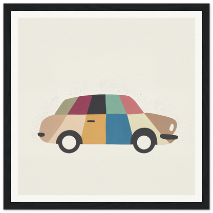 Vintage-style car illustration featuring a colorful patchwork in Kaleidoscope Car Jazz