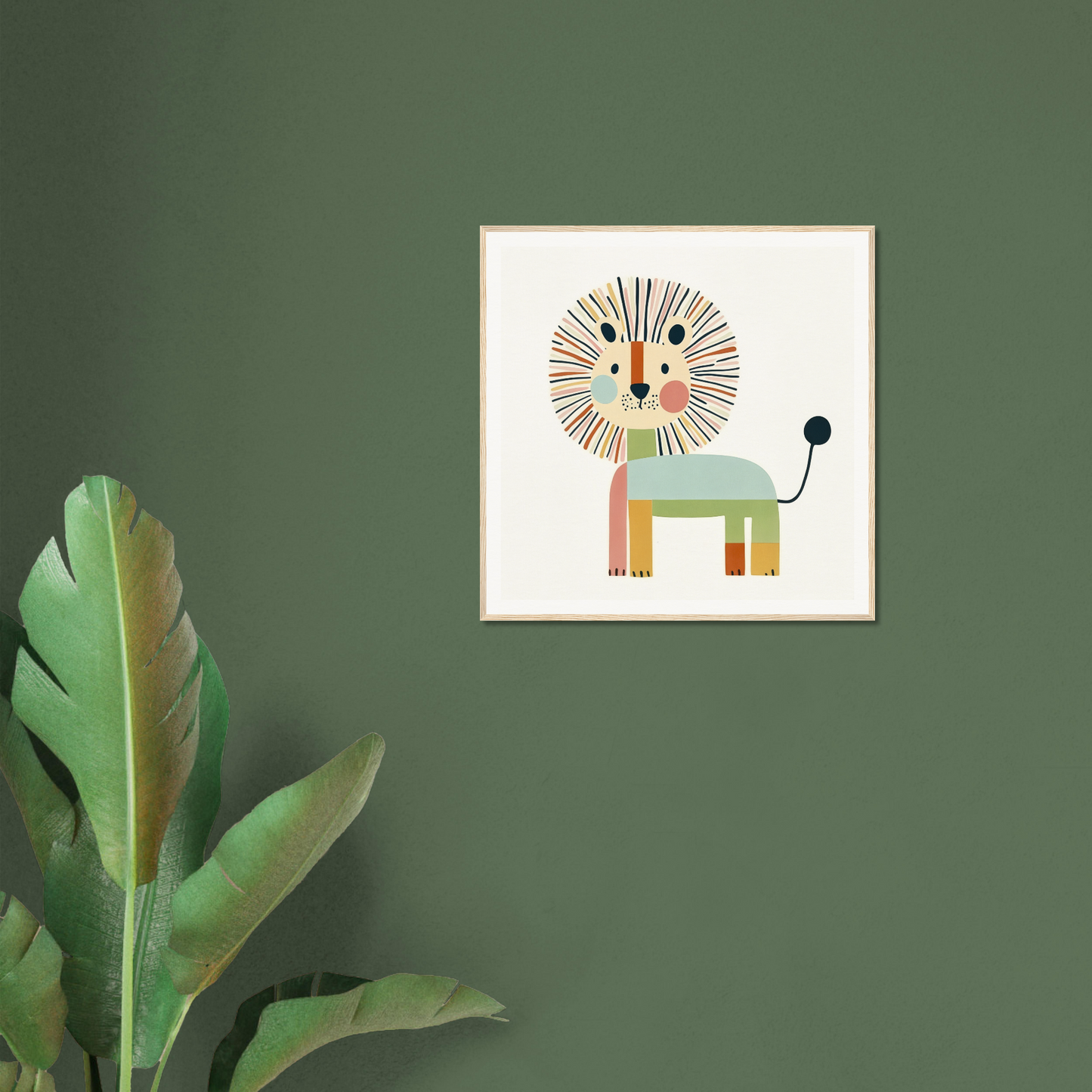 Minimalist cartoon lion artwork featuring geometric shapes in pastel colors for Kaleidoscope Safari Dreamscape