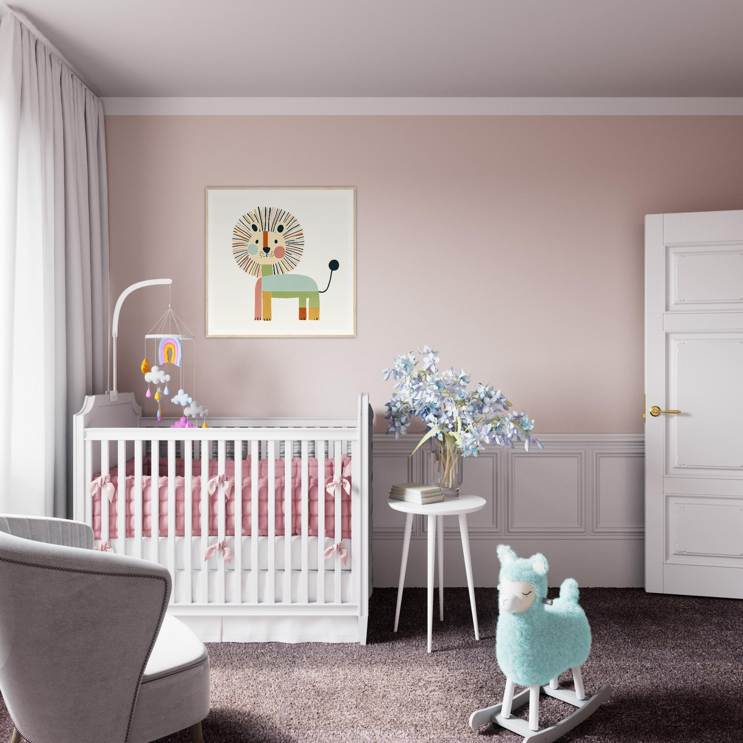 White wooden crib with pink bedding in Kaleidoscope Safari Dreamscape collection