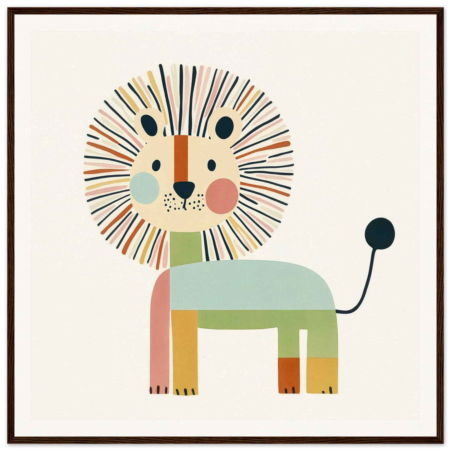 Stylized cartoon lion in geometric shapes and pastel colors for Kaleidoscope Safari Dreamscape