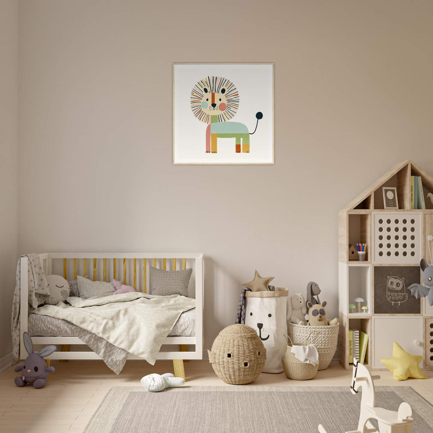 Whimsical lion art print with geometric shapes in soft pastels from Kaleidoscope Safari Dreamscape