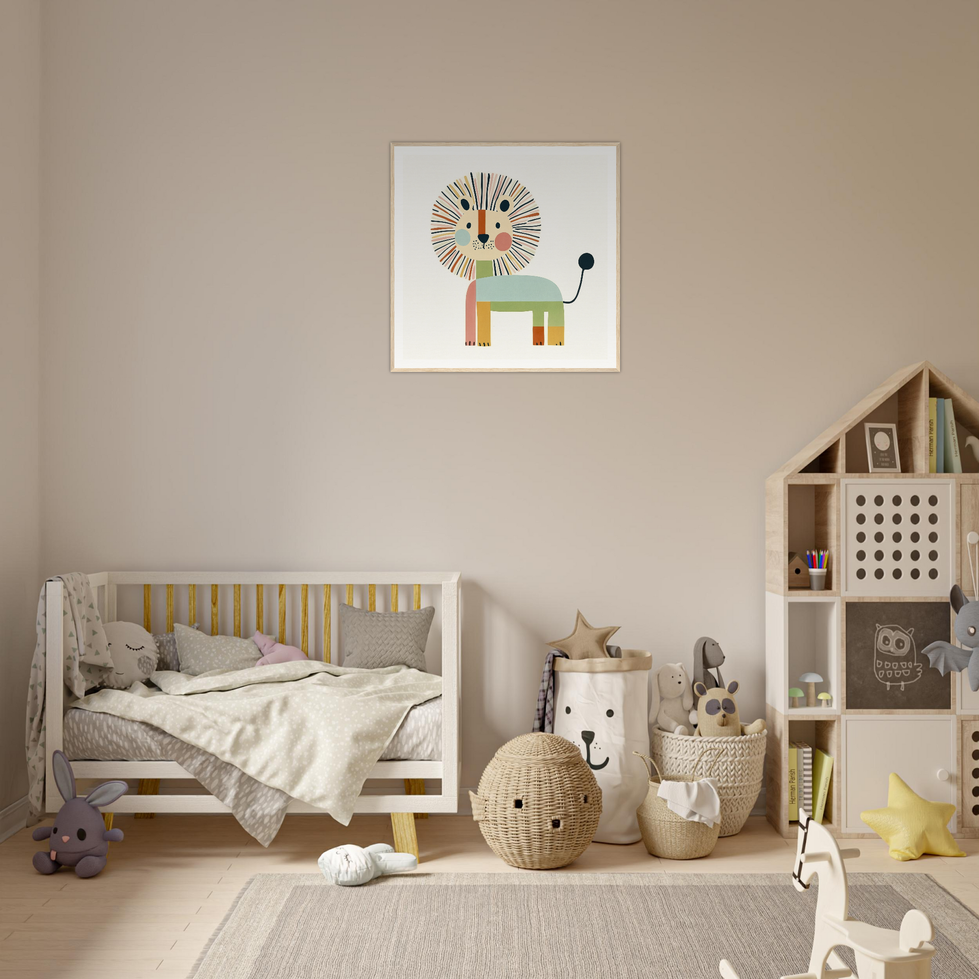 Whimsical lion art print with geometric shapes in soft pastels from Kaleidoscope Safari Dreamscape