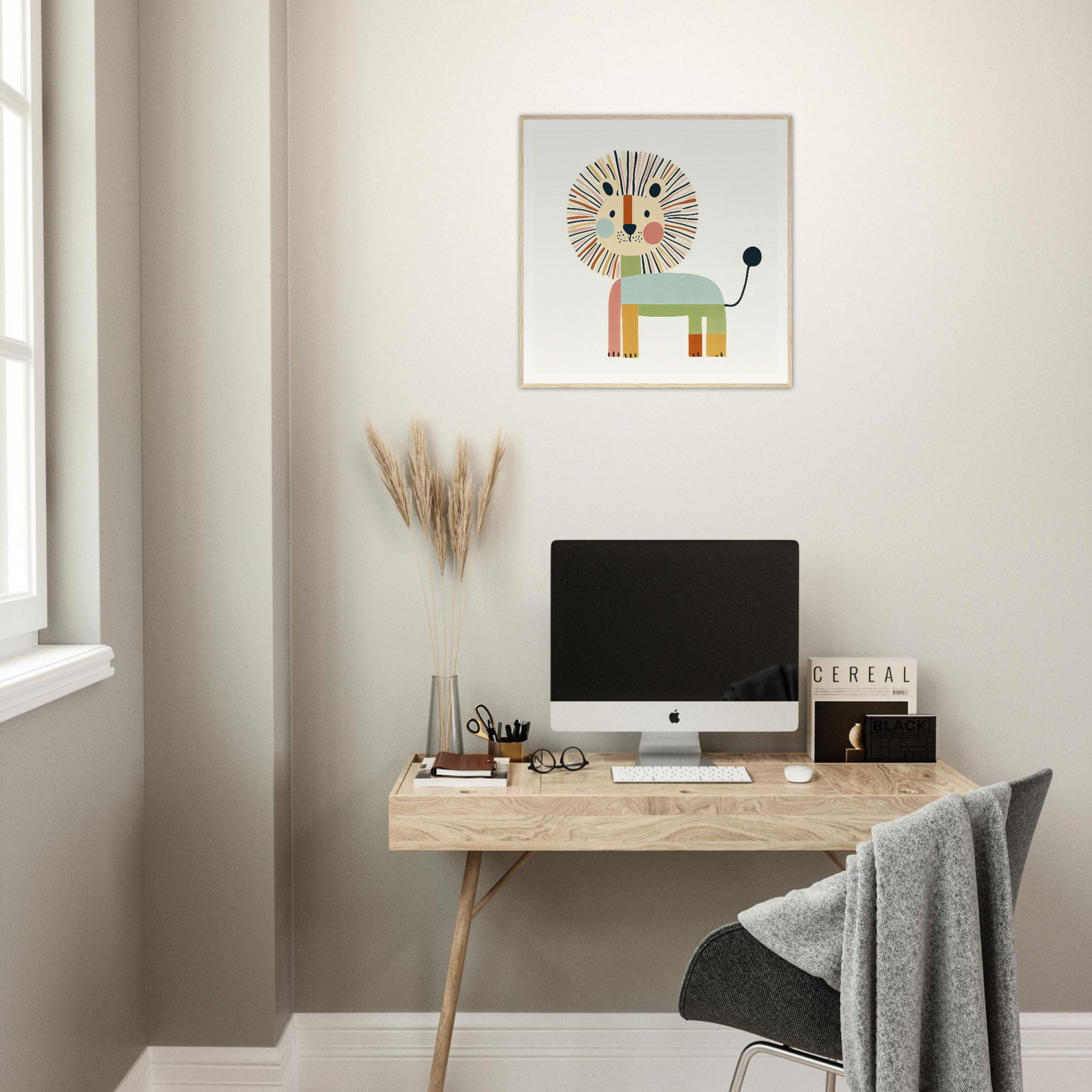 Minimalist workspace with wooden desk, iMac, and lion artwork from Kaleidoscope Safari Dreamscape