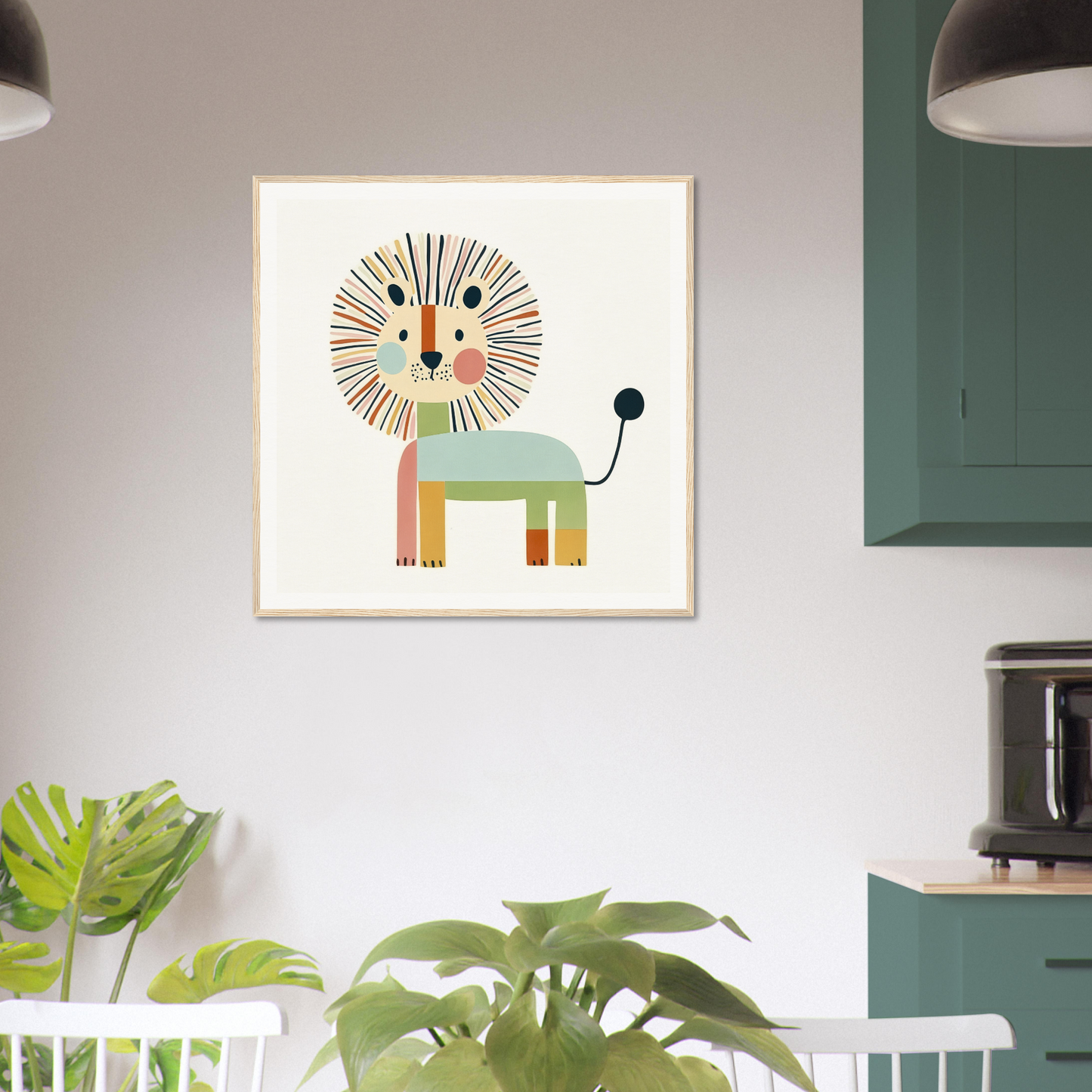 Minimalist cartoon lion artwork in mint green and orange for Kaleidoscope Safari Dreamscape