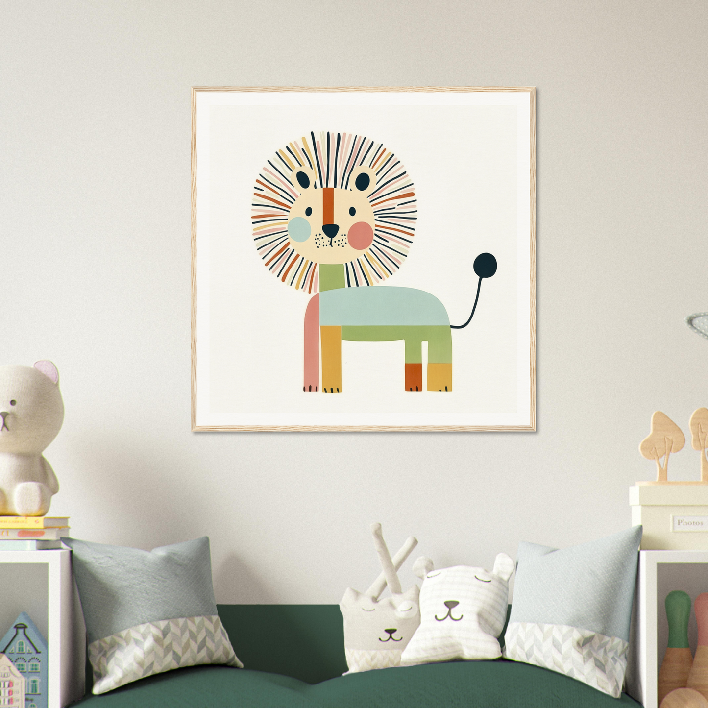 Whimsical cartoon lion in pastel colors with geometric shapes for Kaleidoscope Safari Dreamscape