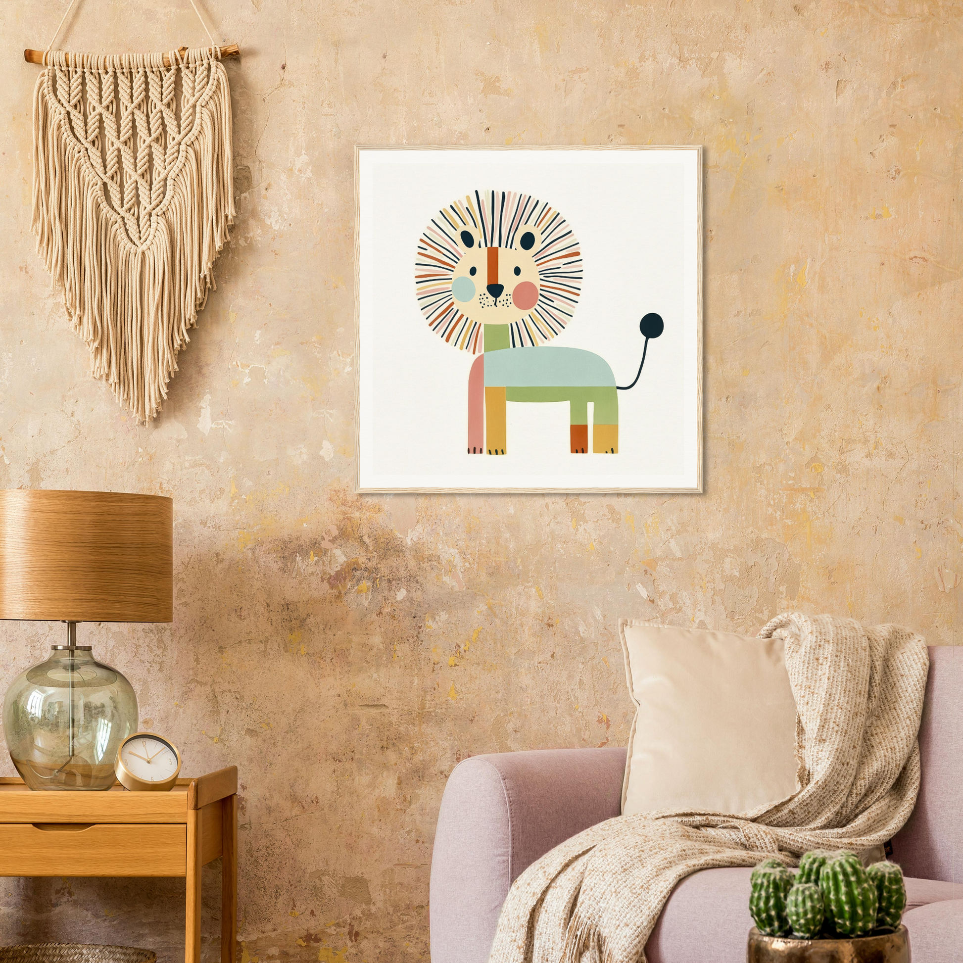 Whimsical geometric lion illustration in pastel colors for Kaleidoscope Safari Dreamscape