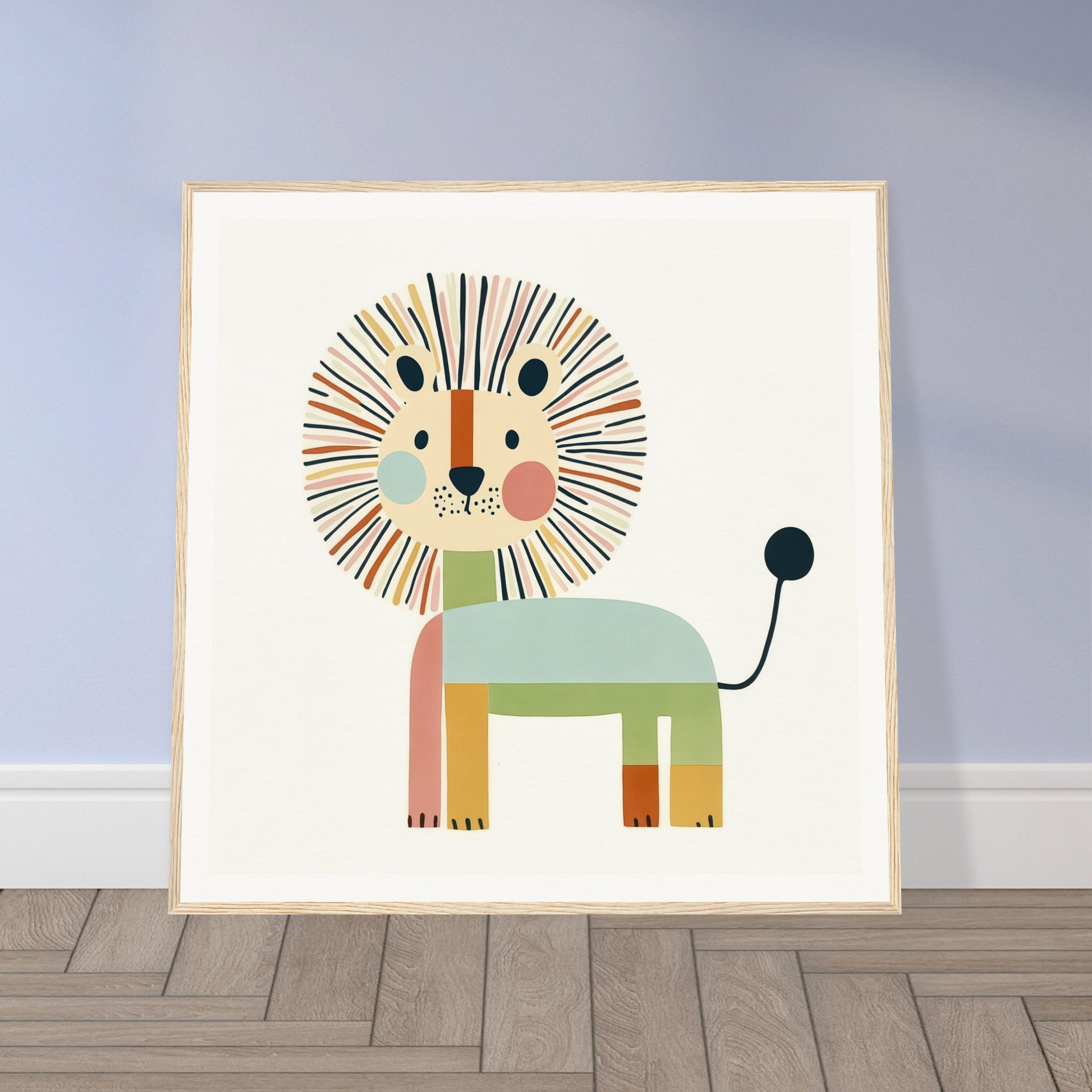 Whimsical cartoon lion in pastel colors with geometric shapes for Kaleidoscope Safari Dreamscape