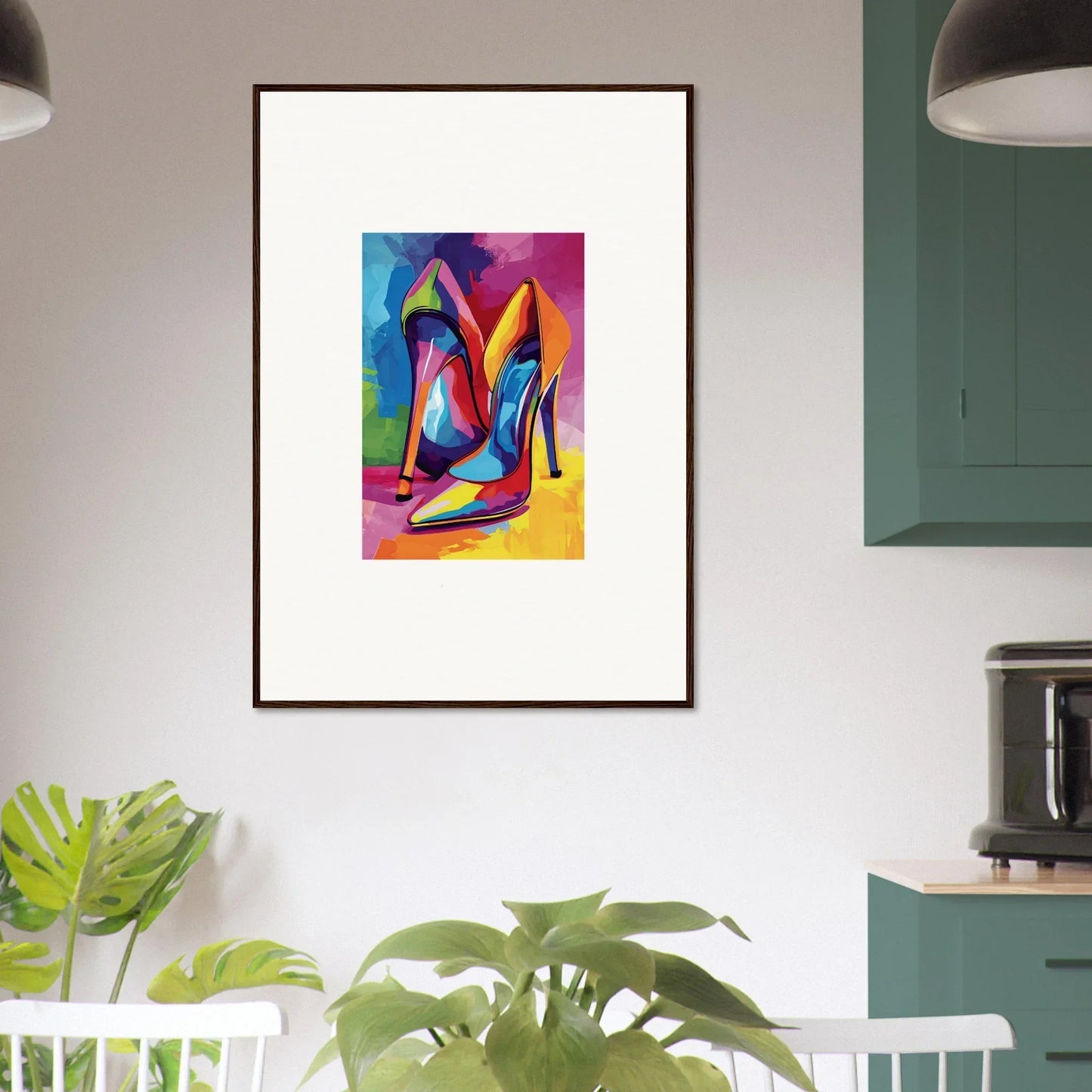 Colorful abstract high-heeled shoes framed wall art for stylish room decor