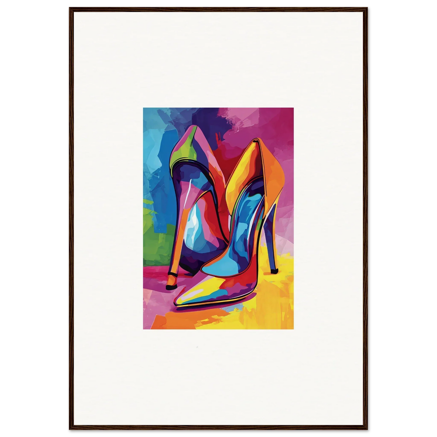 Colorful abstract painting of high-heeled shoes for stylish room decor or canvas prints