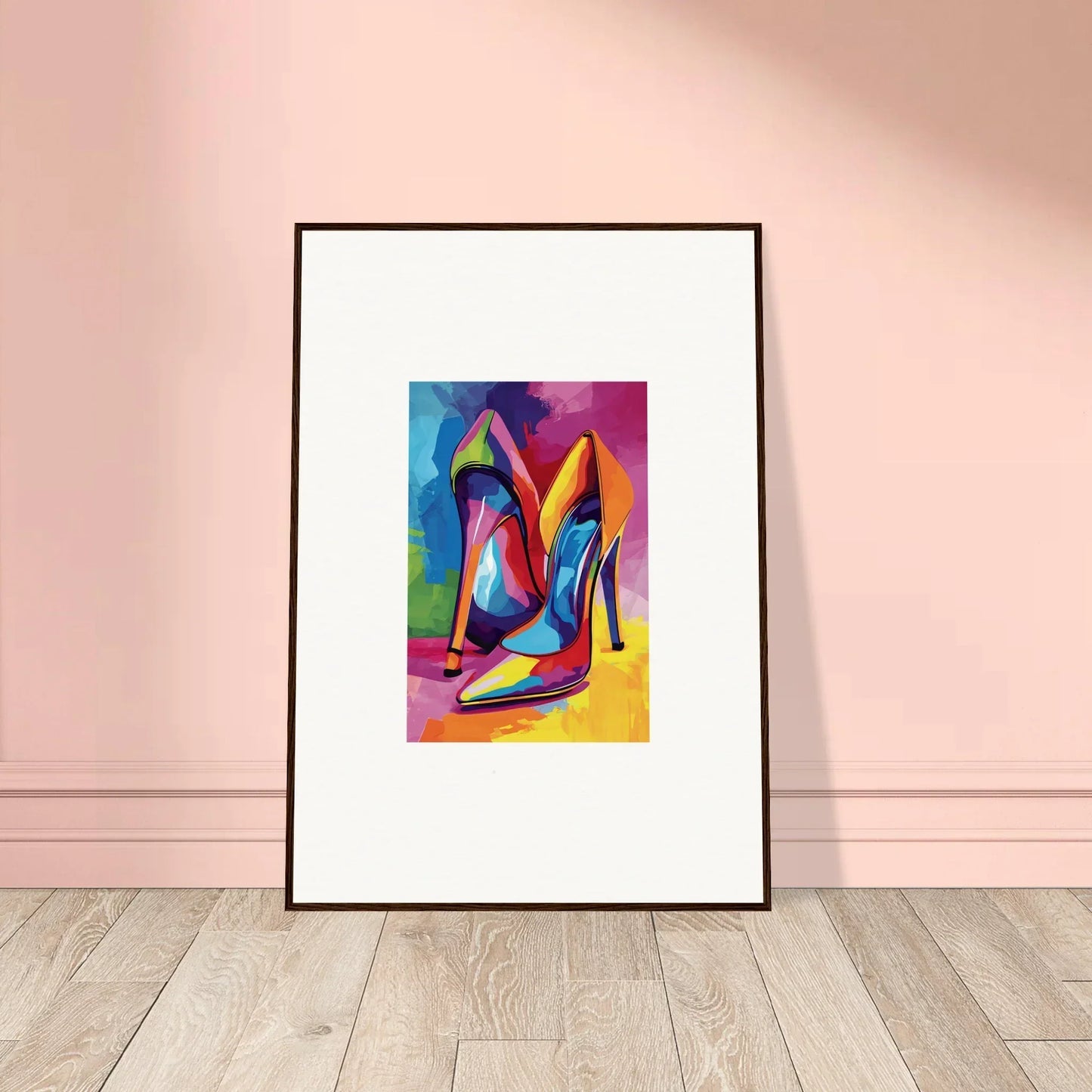 Framed colorful abstract painting of high-heeled shoes for stylish room decor