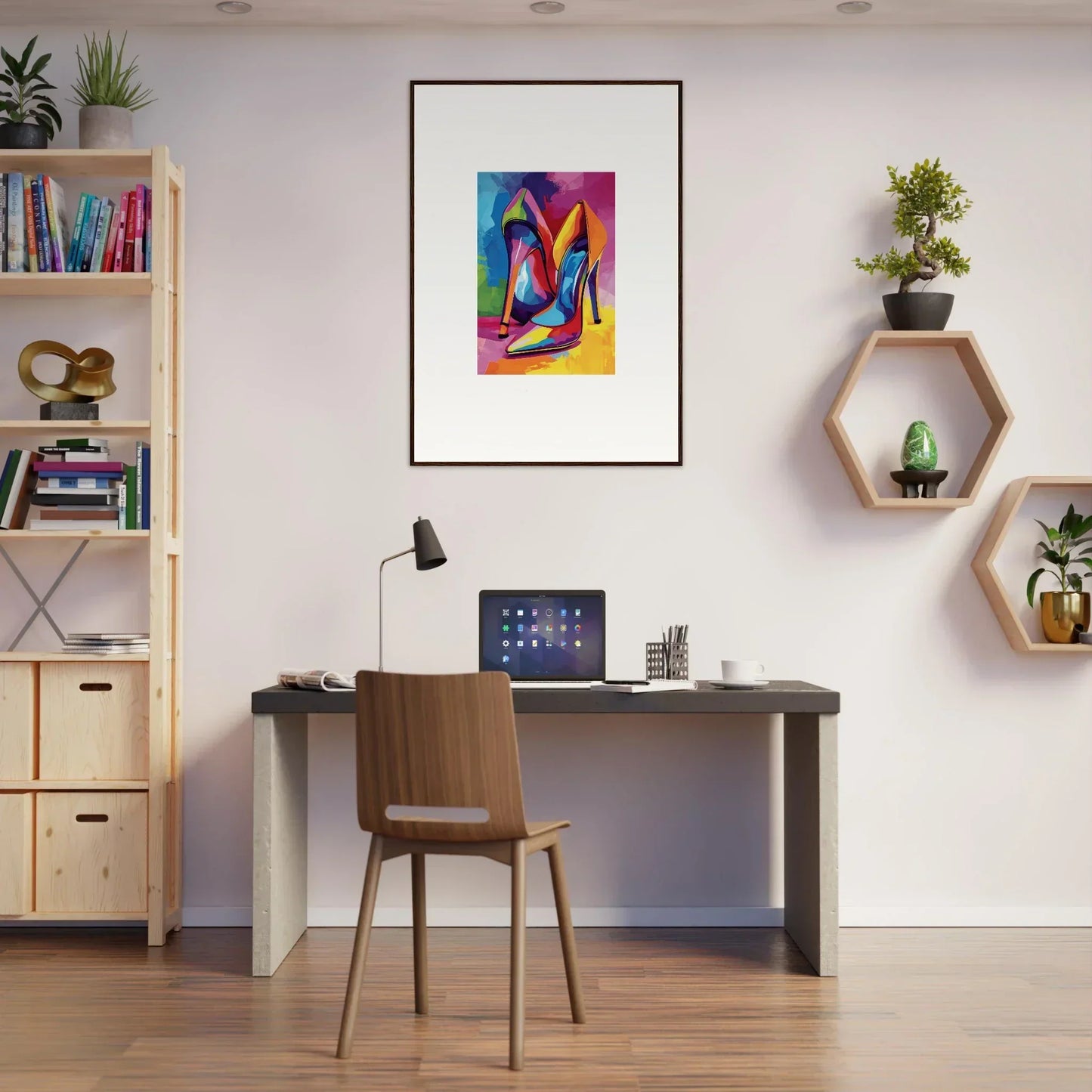 Modern home office workspace featuring stylish desk, chair, and framed wall art decor