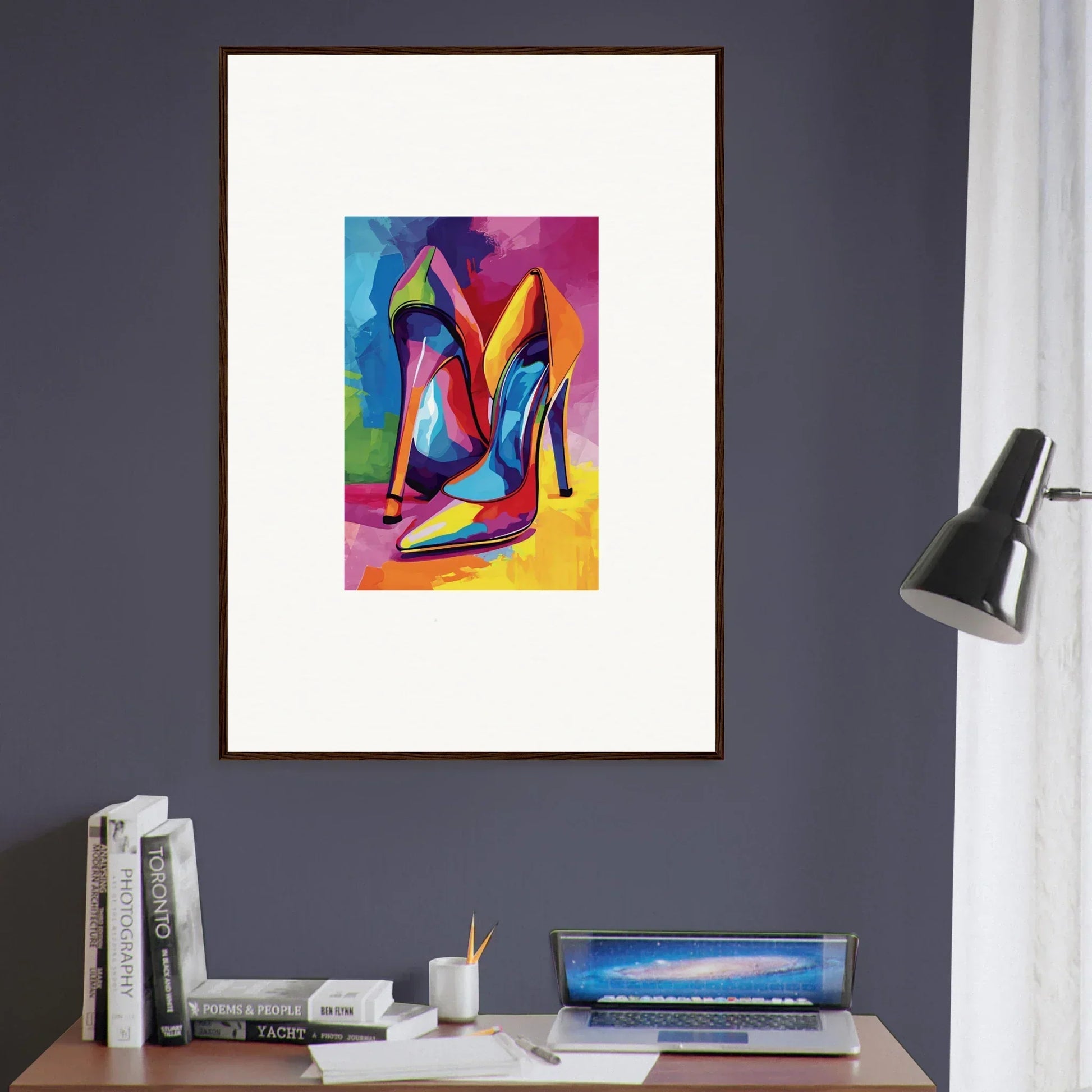 Colorful abstract painting of high-heeled shoes for vibrant room decor canvas prints