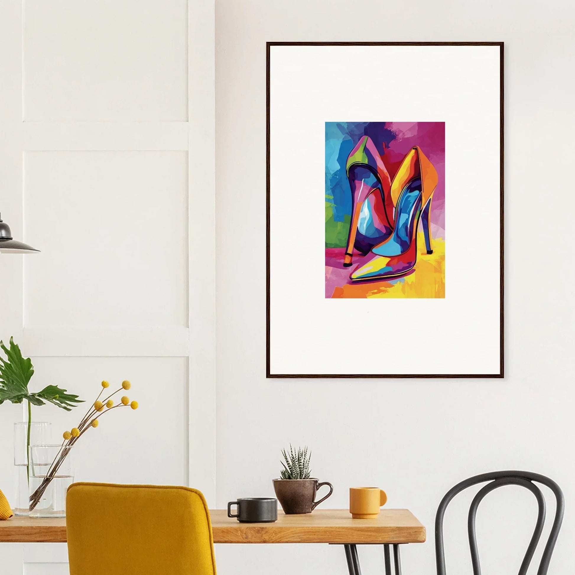 Colorful abstract painting of high-heeled shoes as framed wall art for room decor