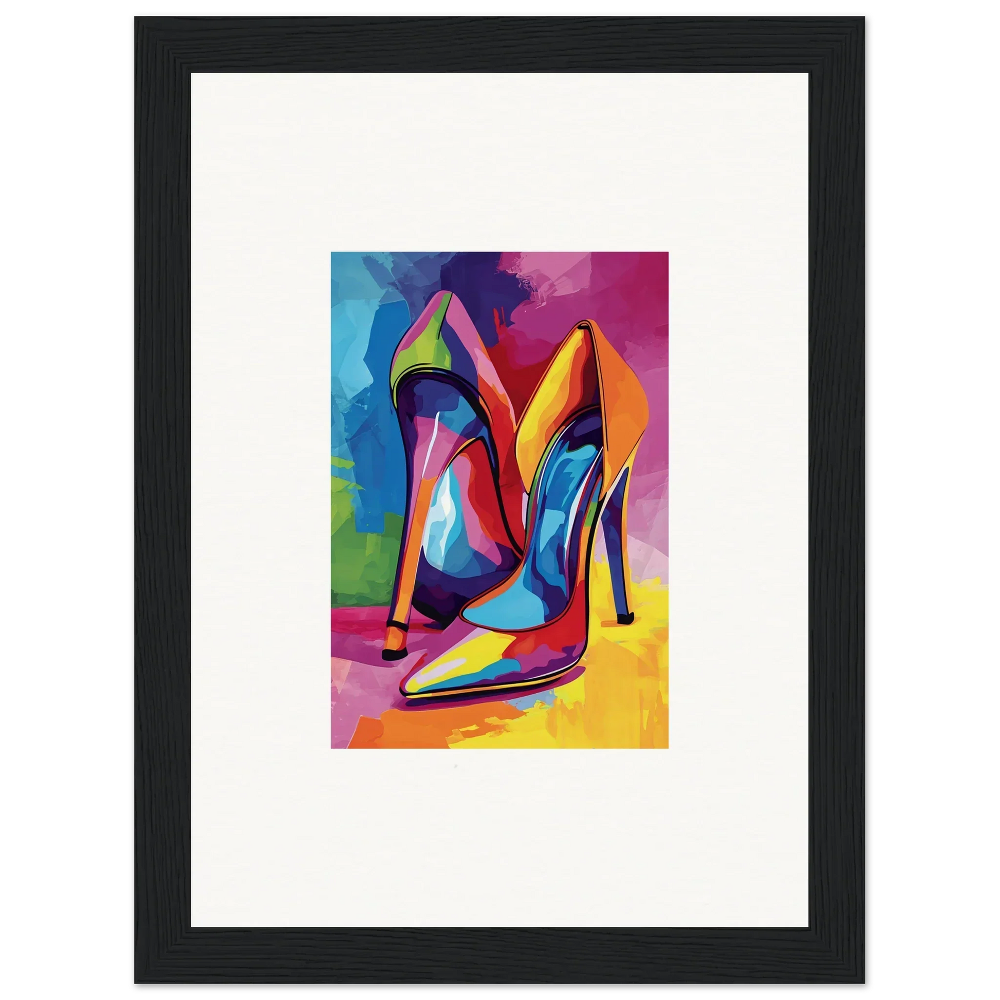 Vibrantly colored abstract high-heeled shoes for stylish room decor or canvas prints