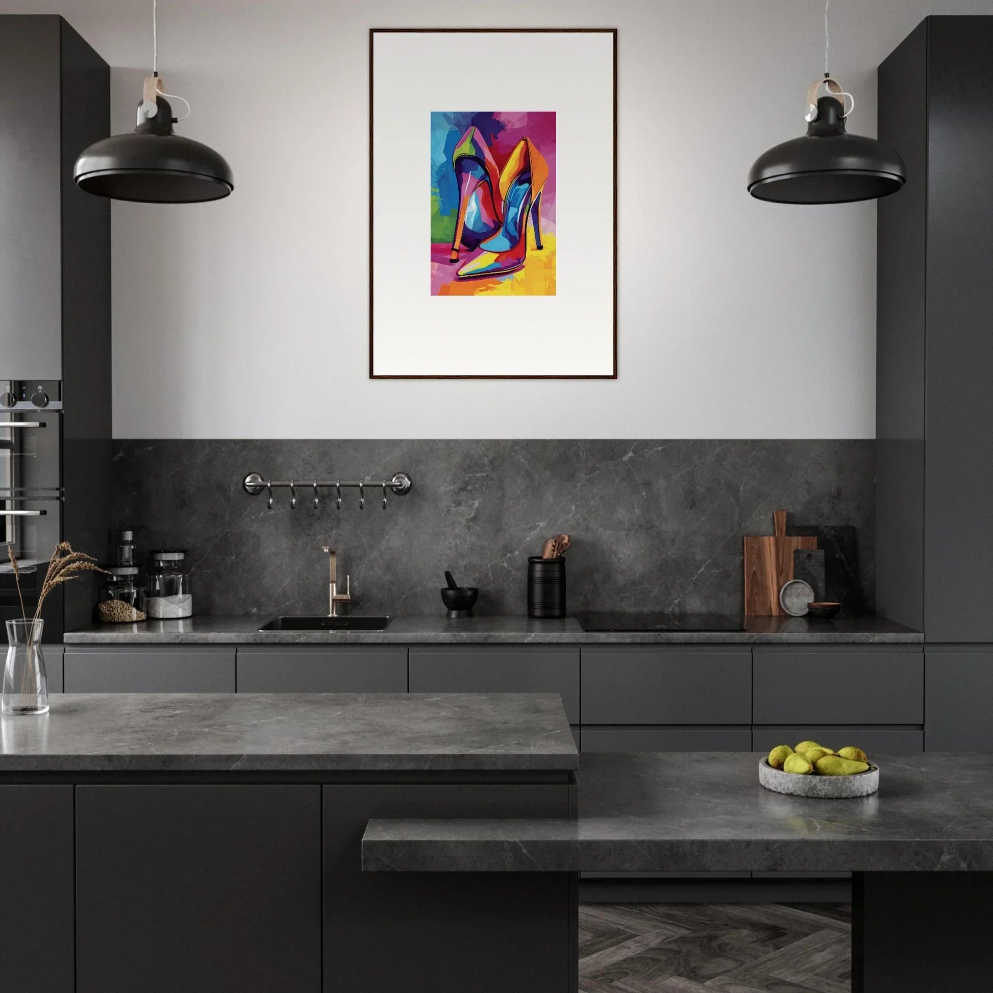 Modern kitchen with dark cabinetry and colorful framed wall art for stylish room decor