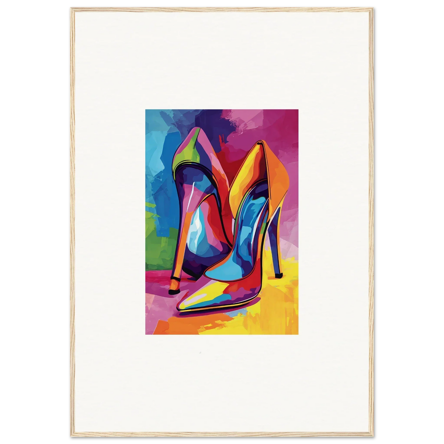 Colorful abstract painting of high-heeled shoes, perfect for room decor or canvas prints