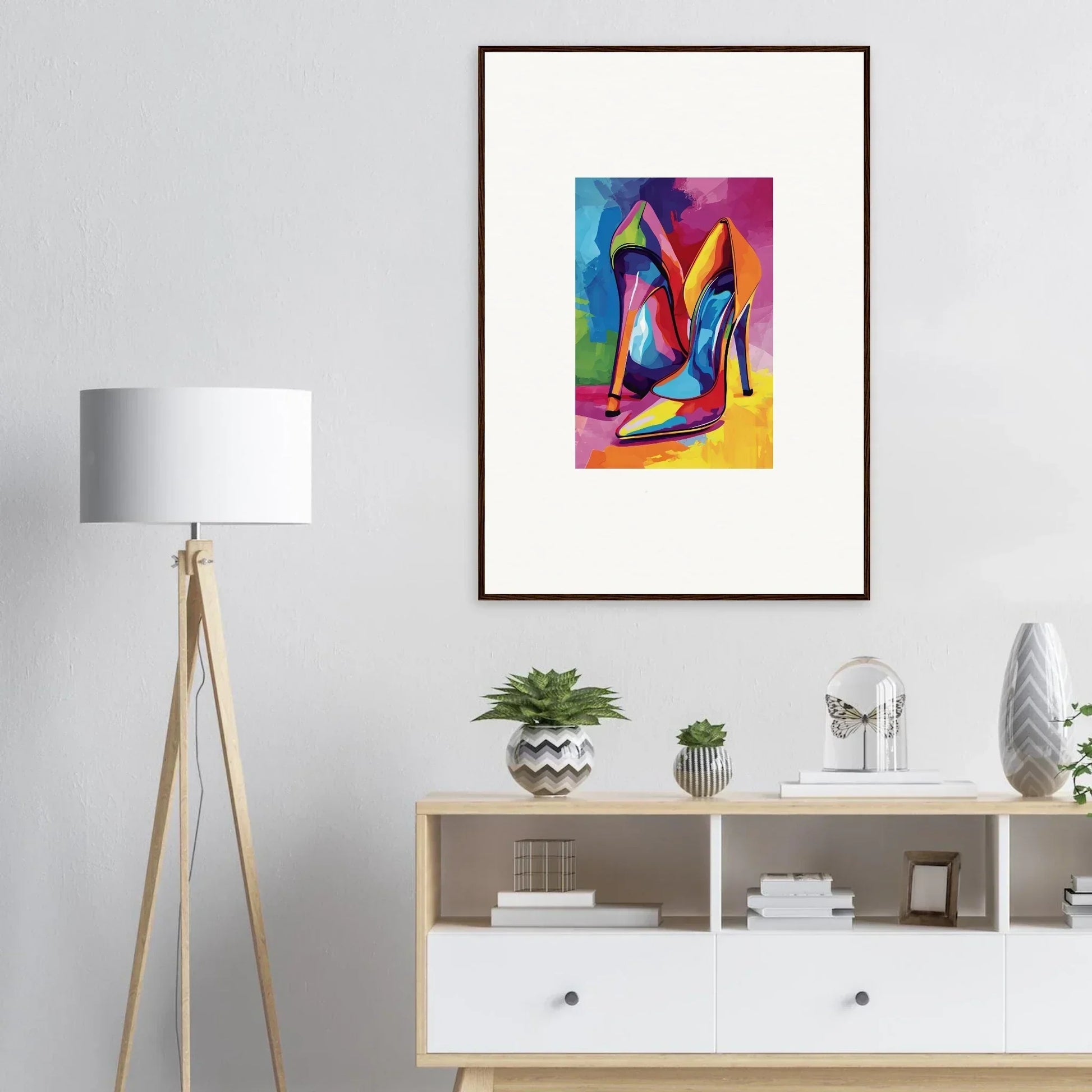 Colorful abstract painting of high-heeled shoes as framed wall art for room decor