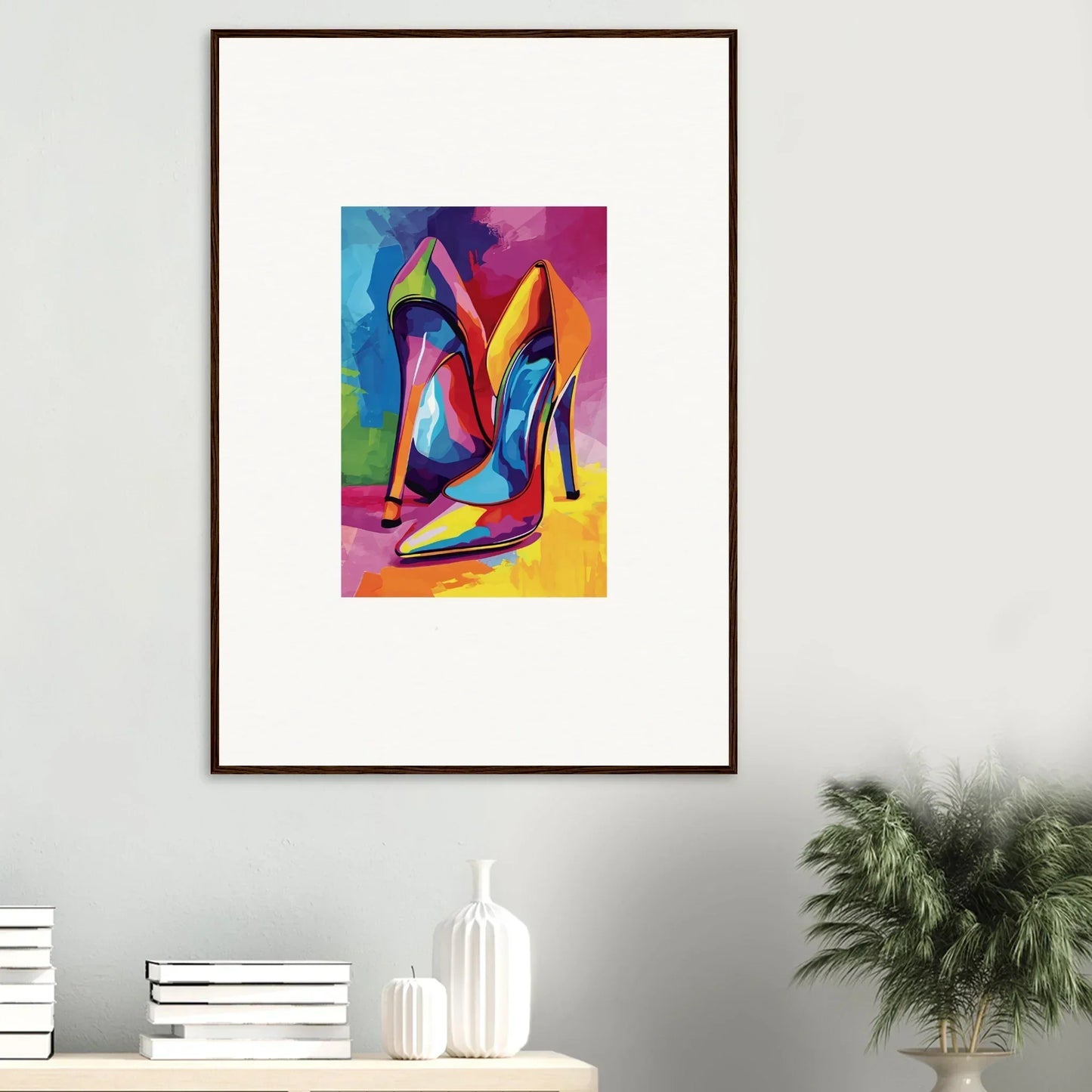 Colorful abstract painting of high-heeled shoes for vibrant room decor or canvas prints