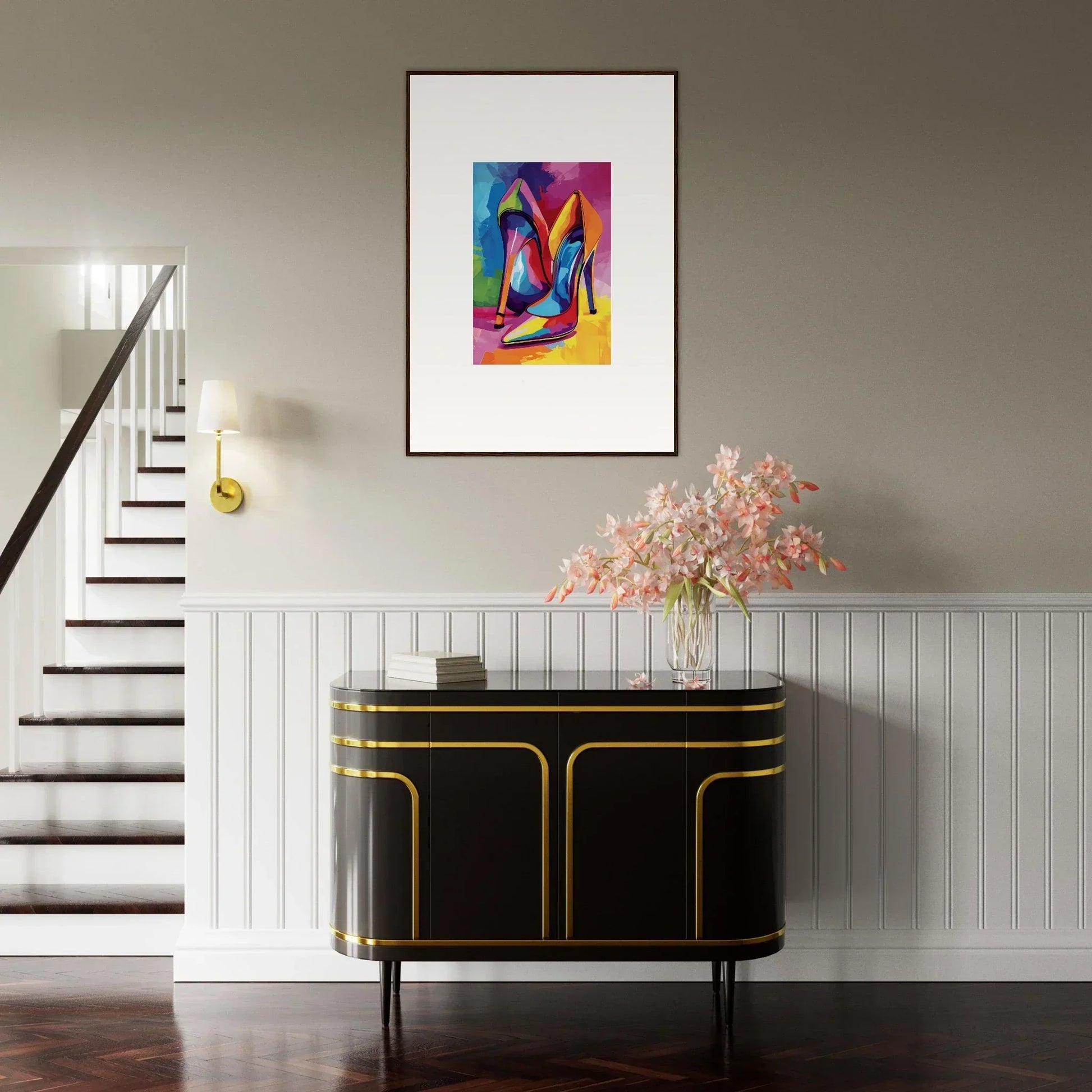 Colorful abstract high-heeled shoes framed wall art for stylish room decor