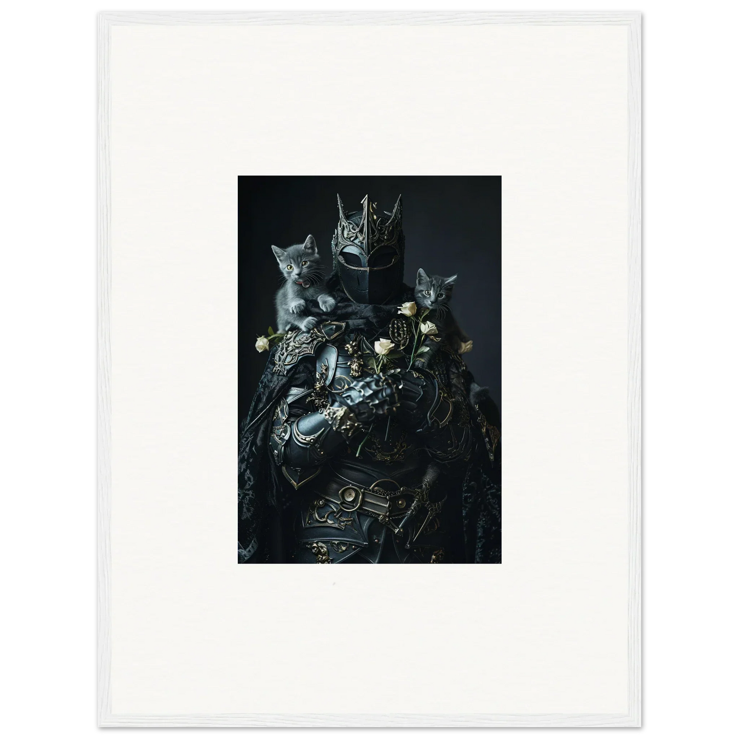 Dark, moody portrait of three cats in metallic armor for unique room decor inspiration