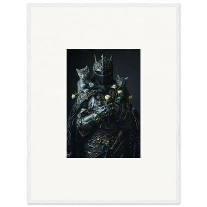 Dark, moody portrait of three cats in metallic armor for unique room decor inspiration